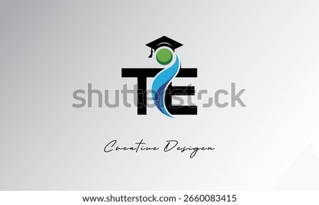 TE Creative Letter Logo with Graduation Cap and Abstract Human – Modern Education and Learning Symbol Design