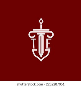TE initial logo monogram design for legal lawyer vector image with sword and shield