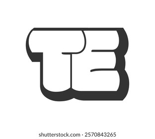 TE logo, bubble comic lettering, rounded in graffiti style black and white silhouette. Trendy preschool T and E letter text for festival party, personal initials, children funky print and web. 