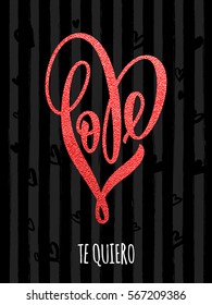 Te Quiero. Vector red luxury heart with I love you text in Spanish on pattern for premium pink greeting card. Vector illustration