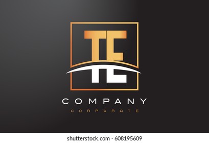 TE T E Golden Letter Logo Design with Swoosh and Rectangle Square Box Vector Design.