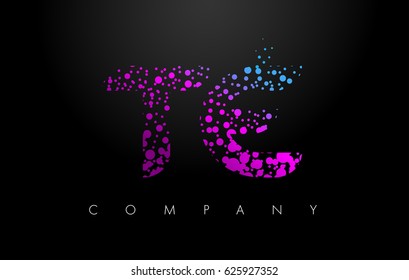 TE T E Letter Logo With Purple Blue Particles And Bubble Dots Design Vector.