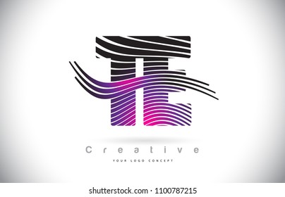 TE T E Zebra Texture Letter Logo Design With Creative Lines and Swosh in Purple Magenta Color Vector.