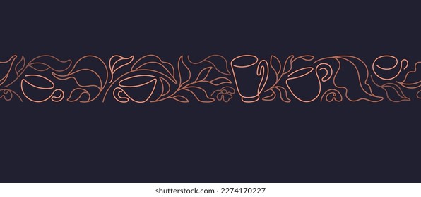 Tea abstract border. Vector seamless pattern. Continuous line drawing of cup of tea, branch and leaves. Graphic print on black background. Herbal drink
