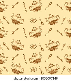 Tea accessories, kettle, spoons, saucers seamless pattern