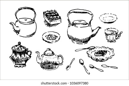 Tea accessories, kettle, spoons, saucers