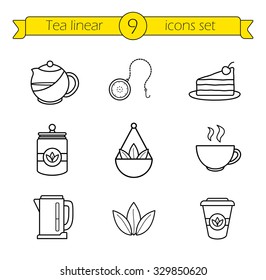 Tea accessories linear icons set. Green tea leaves on balance scales thin line drawings. Piece of cake and take away tea in paper cup outline symbols. Tea ball and herbs jar. Vector illustrations 