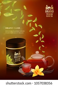 Tea advertising flyer, poster or banner template. Black tea ad, with tea leaves, glass cup, teapot, package jar and vanilla. 3d illustration. Quality realistic vector