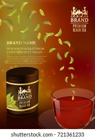 Tea advertising flyer, poster or banner template. Black tea ad, with tea leaves and package jar, 3d illustration. Quality realistic vector