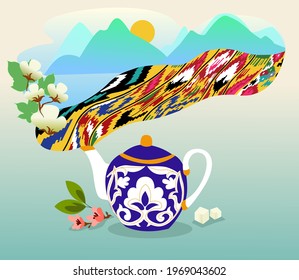 Tea advertising poster. National Uzbek ornament. Teapot. Cherry blossom. Sugar cubes. Landscape. Cotton. Mountains. Uzbek Han atlas. Vector hand drawn illustration. Teatime. Central Asia 