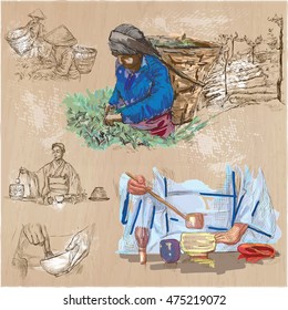 TEA. Agriculture. Life of a farmer. Tea harvesting and processing. Collection of an hand drawing illustrations. Pack of an hand drawn vector illustrations. Set of freehand sketches.