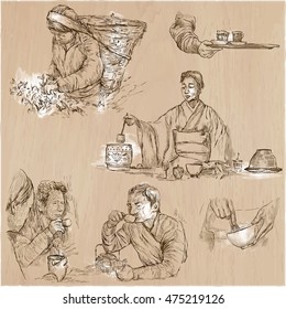 TEA. Agriculture. Life of a farmer. Tea harvesting and processing. Collection of an hand drawing illustrations. Pack of an hand drawn vector illustrations. Set of freehand sketches.