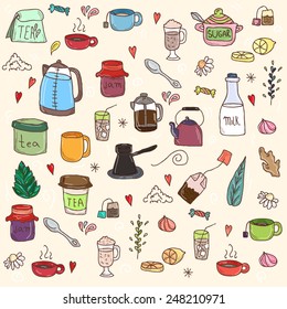 Tea and all stuff - Hand-drawn seamless colorful vector pattern
