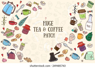 Tea and all stuff - Hand-drawn seamless colorful vector 