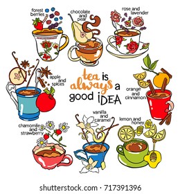 Tea is always a good idea. Tea cup. Tea set. Isolated vector objects on white background.