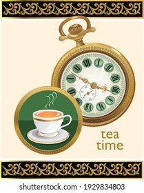 Tea in antique porcelain cup and antique watch isolated on white background. Porcelain cup and saucer with delicate relief structures and gold decoration.