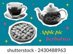 tea with apple pie lattice set template with teapot cup traditional homemade cake retro halftone effect dotted texture vintage cutout pop art y2k collage element for mixed media design