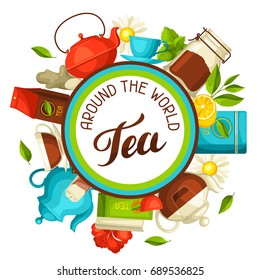 Tea around the world. Illustration with tea and accessories, packs and kettles.