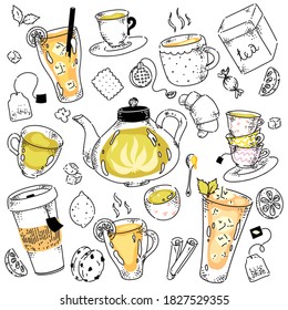El surtido de té con especias y dulces. Bebida para dibujar a mano en tetera, vidrio, taza para llevar, hoja fresca en envase de cartón, fruta, azúcar, imagen vectorial de doodle de galletas aislada en fondo blanco