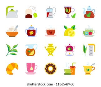 Tea attributes flat icons set. Web sign kit of cup. Tea Time pictogram collection includes teaspoon, sugar bowl, samovar. Simple tea cartoon colorful icon symbol isolated on white. Vector Illustration