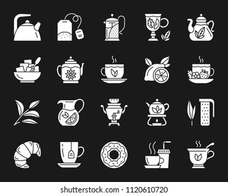 Tea attributes silhouette icons set. Isolated web sign kit of cup. Tea Time monochrome pictogram collection includes teapot, lemon, mint. Simple white contour symbol on black. Tea vector Icon shape