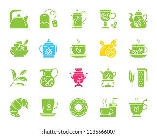 Tea attributes silhouette icons set. Isolated web sign kit of cup. Tea Time pictogram collection includes teapot, doughnut, coffee. Simple tea color contour symbol. Vector Icon shape for stamp