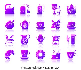Tea attributes silhouette icons set with reflection. Violet sign kit of cup. Tea time vector pictogram collection includes doughnut, lemon. Purple gradient contour simple tea icon isolated on white