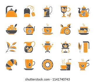 Tea attributes silhouette icons set. Isolated on white web sign kit of cup. Tea Time pictogram collection includes tea leaf, mug, kettle. Simple tea contour symbol. Vector Icon shape for stamp