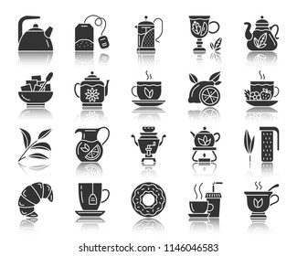 Tea attributes silhouette icons set. Monochrome web sign kit of cup. Tea Time pictogram collection includes doughnut lemon mint. Simple vector black symbol. Tea accessories icon shape with reflection