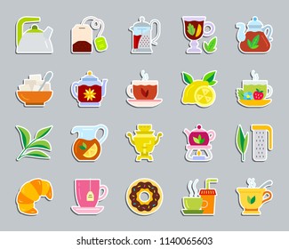 Tea attributes sticker icons set. Web flat sign kit of cup. Tea Time pictogram collection includes tea bag, lemon, croissant. Simple tea symbol. Colorful icon for patch badge, pin. Vector Illustration