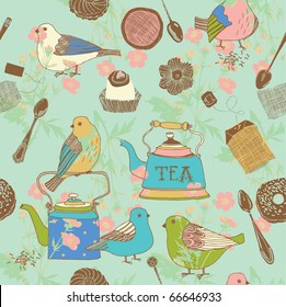 tea background with birds and kettles