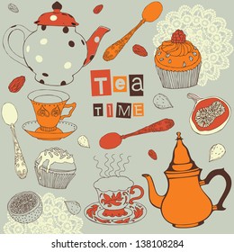 Tea background with cakes. Vector illustration.