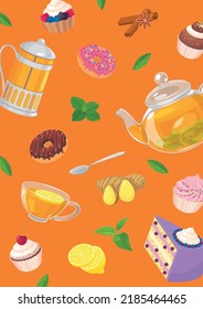 Tea background with tea cup, lemon, cake, mint and tea leaves, muffins, donuts, ginger, cinnamon. Poster, banner, flyer, menu cover template