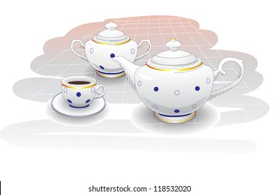 Tea background, tea set for breakfast with polka dot, vector