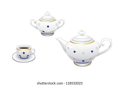 Tea background, tea set for breakfast with polka dot, vector