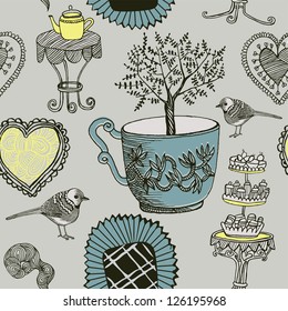 tea background with teacups and bird