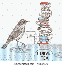 tea background with teacups and bird