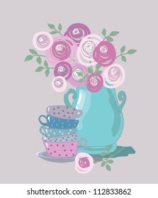 tea background with teacups and flowers