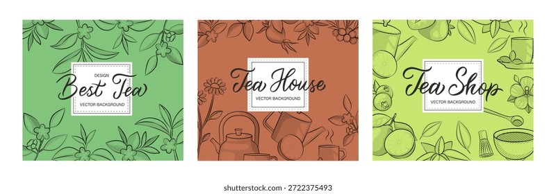 Fondos de té y bordes decorativos con letras dibujadas a mano, Diseños de Anuncio cuadrado en una Ilustración vectorial