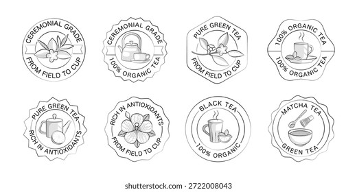 Teeabzeichen und Öko-Briefmarken Set im Line Art Style. Vintage Natural and Organic Product Labels in einer Vektorgrafik
