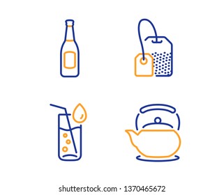 Tea bag, Beer and Water glass icons simple set. Teapot sign. Brew hot drink, Pub alcohol, Soda drink. Tea kettle. Food and drink set. Linear tea bag icon. Colorful design set. Vector