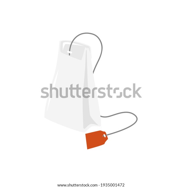 Tea bag with black or green tea in white\
package isolated icon. Vector floral or herbal tea packaging,\
teabag and blank red tag mockup. Rectangular small porous sealed\
packet with tea-leaves