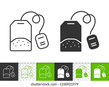 Tea Bag black linear and silhouette icons. Thin line sign of label. Green outline pictogram isolated on white, color, transparent background. Vector Icon shape. Tea Bag simple symbol closeup
