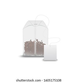 Tea Bag With Black Tea In Transparent Package Isolated. Vector Teabag And Blank Tag Mockup