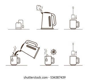 Tea bag brewing cooking directions. Steps how to cooking tea. Vector illustration.
