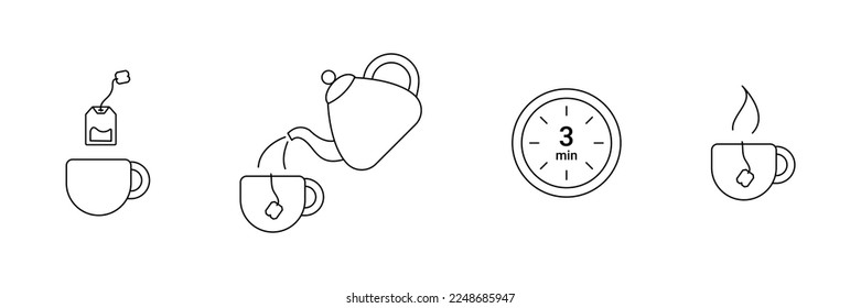 Anleitung zum Teebeutel-Brauen Schritt für Schritt. Rahmenbild. Cup, Teekanne und Teebeutel. Teezubereitende Vorlage. Schweißverfahren. Vektorgrafik