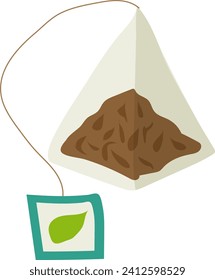 Tea bag with brown tea leaves and green label. Loose leaf tea in a pyramid bag for brewing. Beverage preparation and tea time vector illustration.