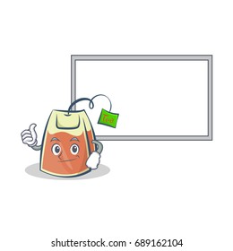tea bag character cartoon with board and okay