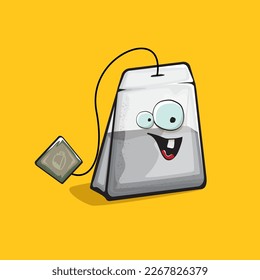 Tea bag character. Cartoon tea bag isolated on orange background. Funky paper tea bag character with eyes and mouth. Vector white teabag clip art, emoji, label and sticker