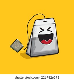 Sac à thé. Sachet de thé de dessin animé isolé sur fond orange. Un personnage de sachet de thé en papier épais avec les yeux et la bouche. Image vectorielle image vectorielle clip art, emoji, étiquette et autocollant blanc en sachet de thé